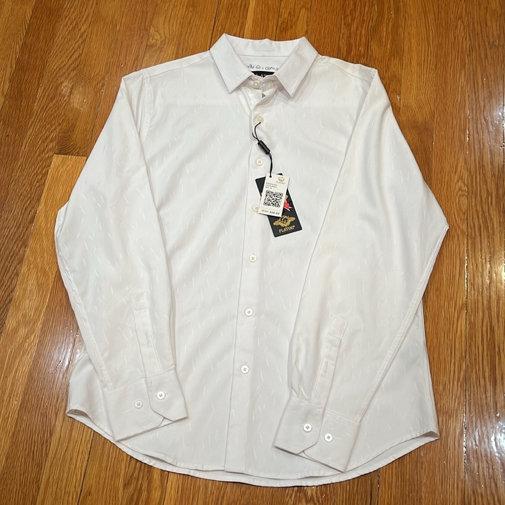 MEN’S NEW W/TAGS PLATINI WHITE EMBROIDERED BUTTON UP DRESS SHIRT. SZ. MED.